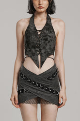 Grey Sleeveless Lace-Up Buckle Halter Pointed Hem Womens Steampunk Vest